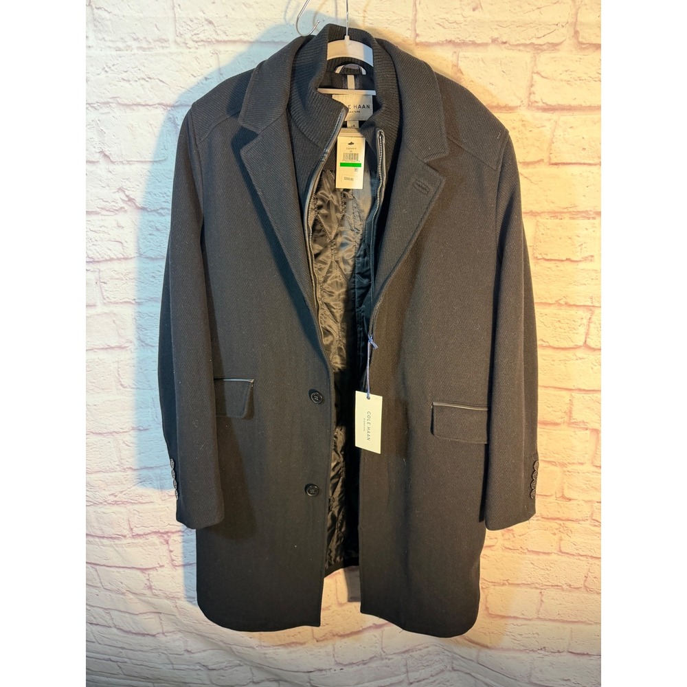 NWT Cole Haan Signature Mens Black Wool Blend Car Coat with Removable Bib Size L